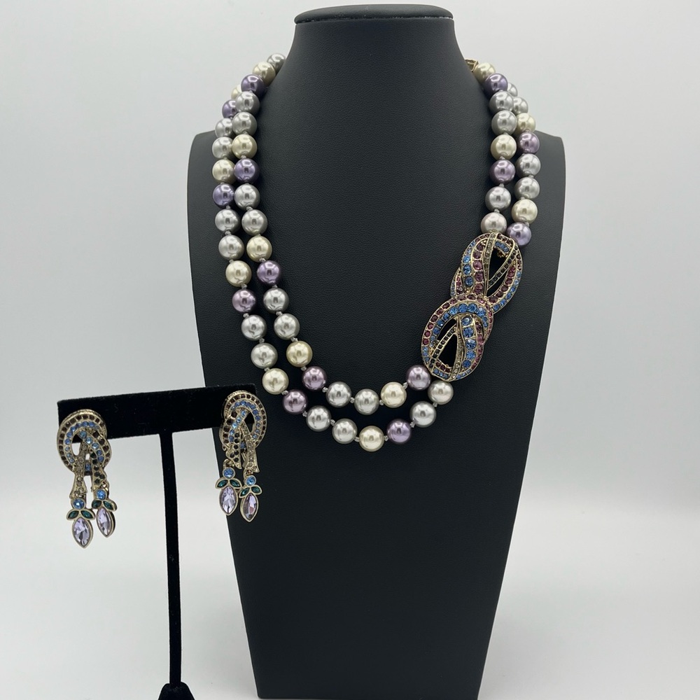 RARE Heidi Daus NWOT Crystal Pearl Peace Sign Necklace & Earring Set | Vintage